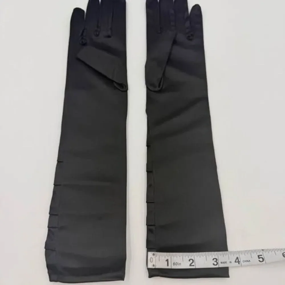 Womens fancy Black Ruched Satin Opera Length Gloves